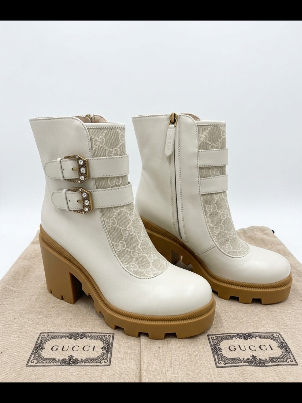 Gucci Cream & Tan GG Canvas Lug Sole Ankle Boots